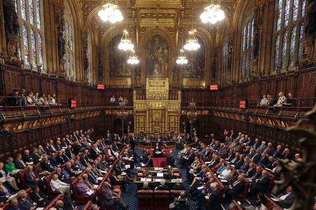 A general view shows the House of Lords chamber in session at the Houses of Parliament
