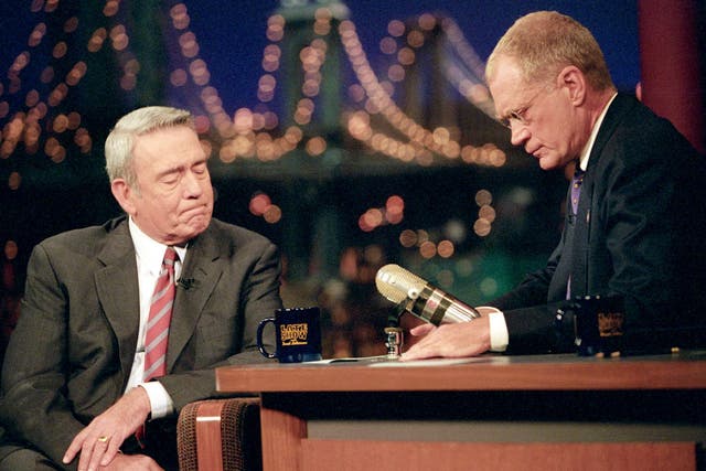 Dan Rather is comforted by host David Letterman on 17 September 2001 after Rather was overcome by emotion while discussing the World Trade Center and Pentagon attacks in a famous moment from his broadcasting career