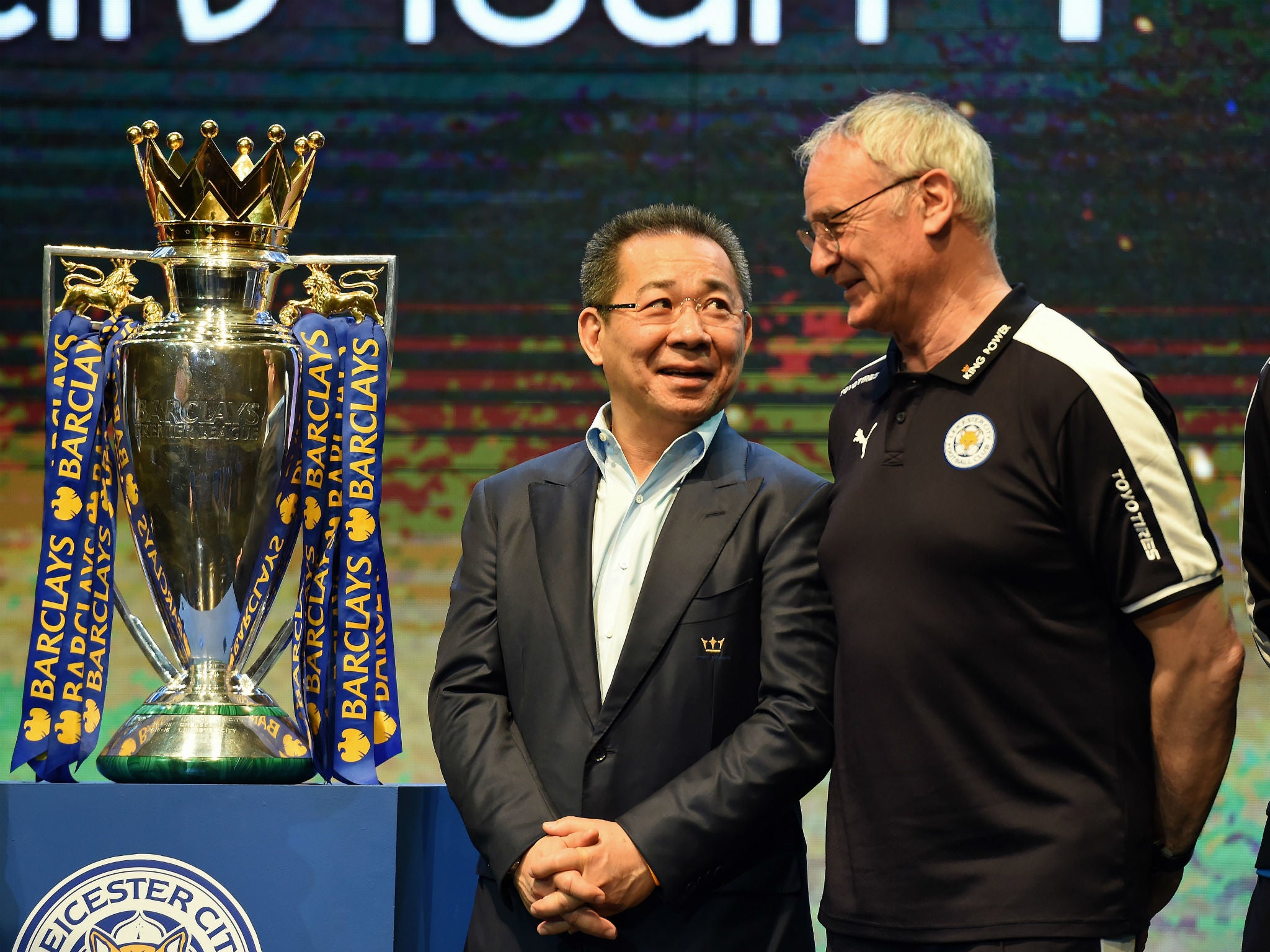 Vichai Srivaddhanaprabha with former manager Claudio Ranieri after winning the Premier League