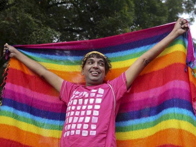 A participant displays a rainbow banner as gay rights activists and their supporters march during a Pride parade in New Delhi on Sunday