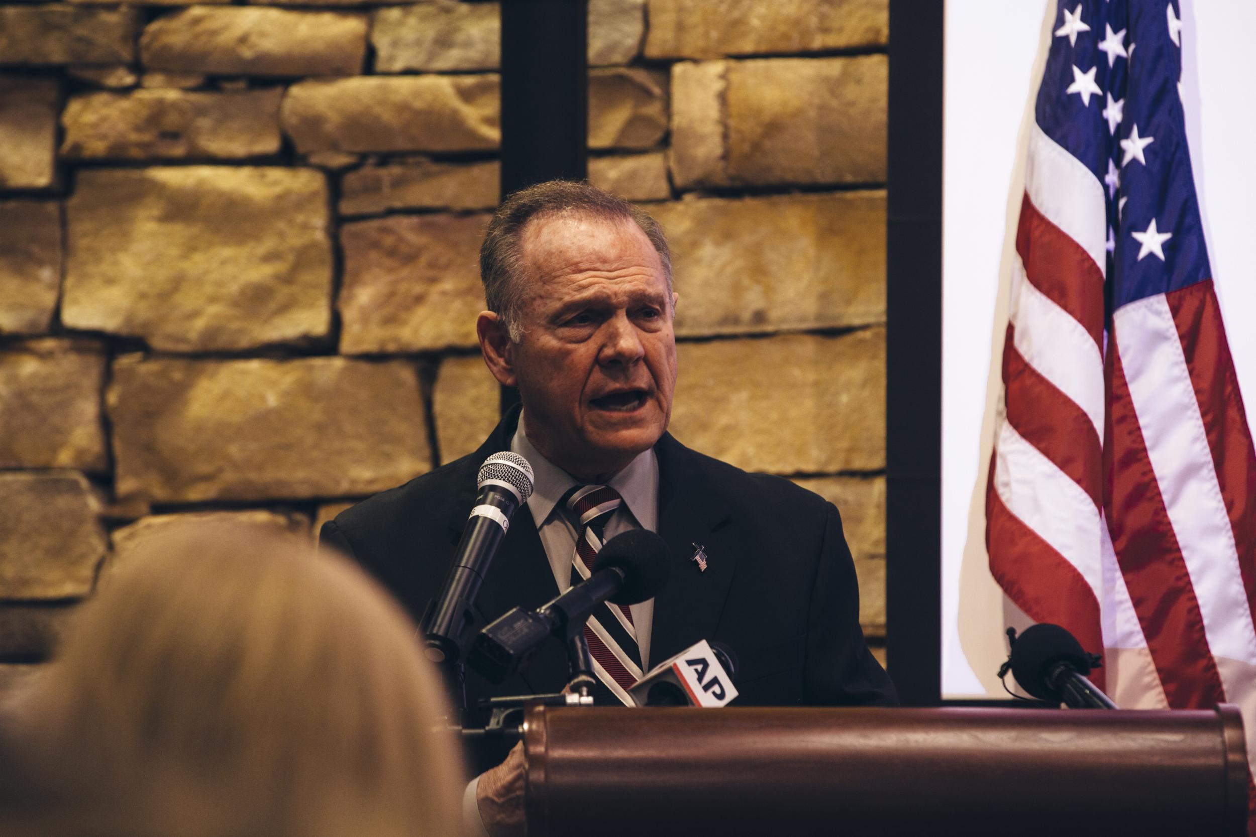 Republican candidate for US Senate Judge Roy Moore speaks during a mid-Alabama Republican Club's Veterans Day event