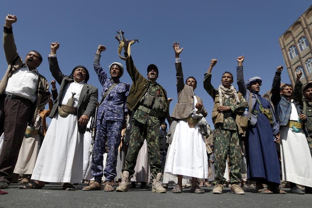 Yemenis take part in a demonstration calling for the Saudi-led coalition's blockade to be lifted on 13 November 2017, in the rebel-held capital of Sanaa