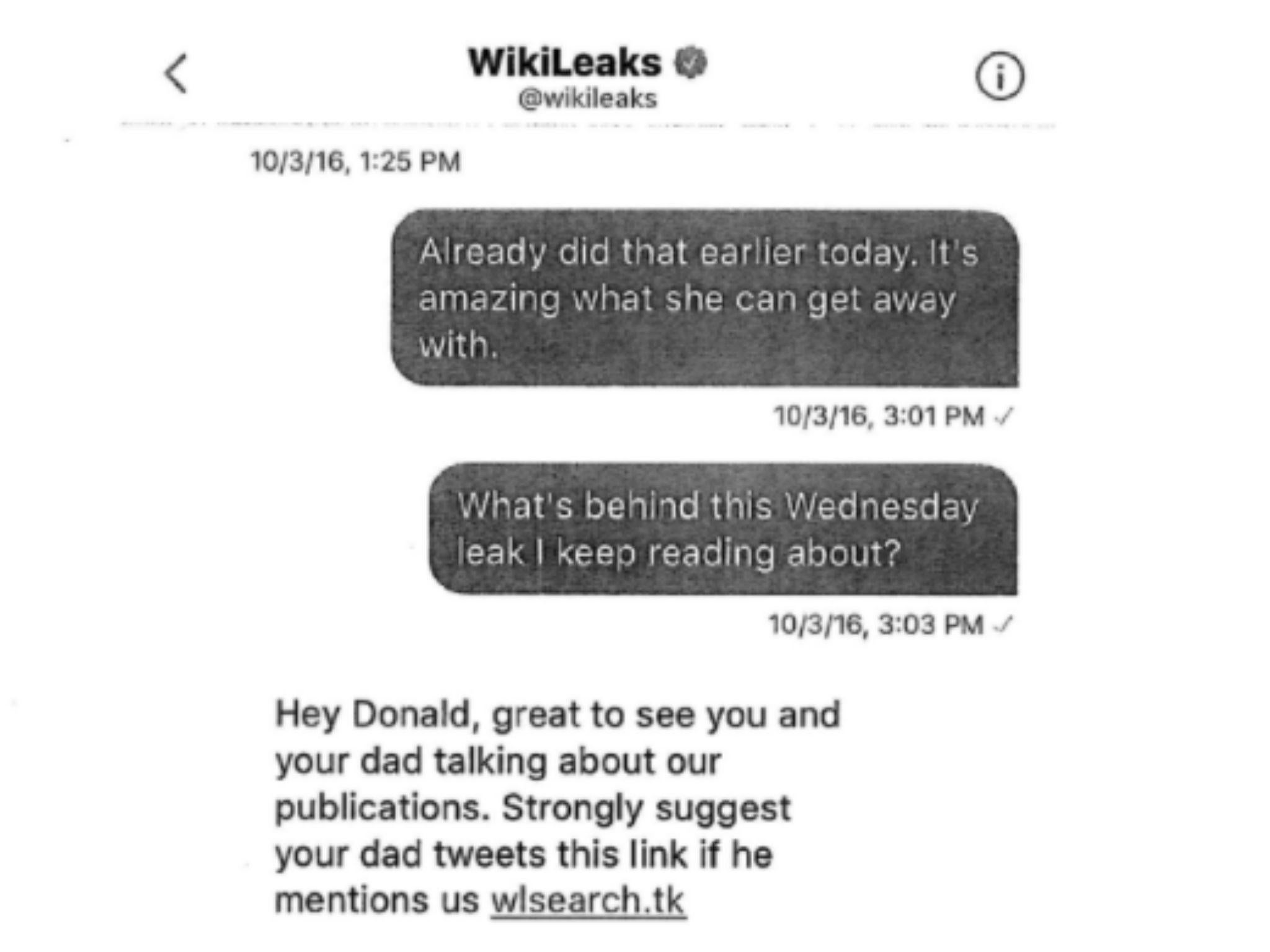 A screenshot from part of Donald Jr and Wikileaks' correspondence
