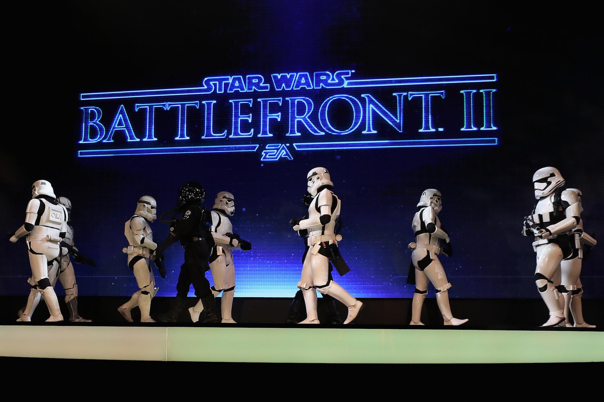 Stormtoopers march on stage to introduce 'Star Wars Battlefront 2' during the Electronic Arts EA Play event at the Hollywood Palladium on June 10, 2017 in Los Angeles, California