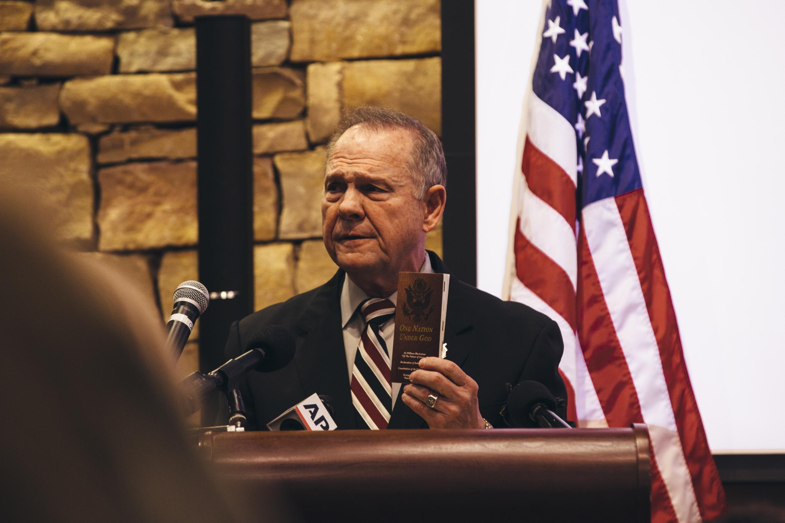 Republican candidate for US Senate Judge Roy Moore speaks during a mid-Alabama Republican Club's Veterans Day event