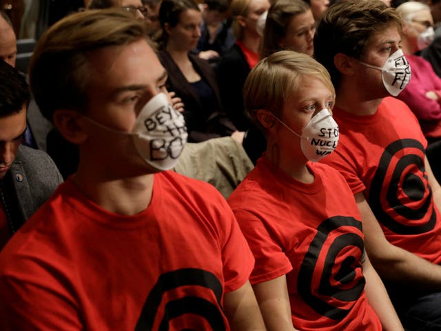 Like these protesters, Senate Democrats expressed fears about nuclear war during a US Senate Foreign Relations Committee hearing Washington on November 14, 2017.