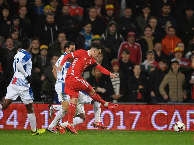 Tom Lawrence puts Wales in front with a powerful low strike