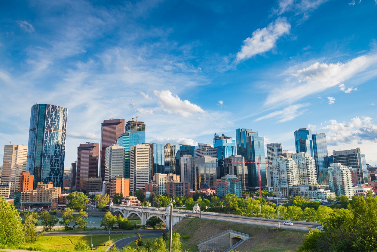 Summertime cityscape image of modern downtown Calgary, Alberta