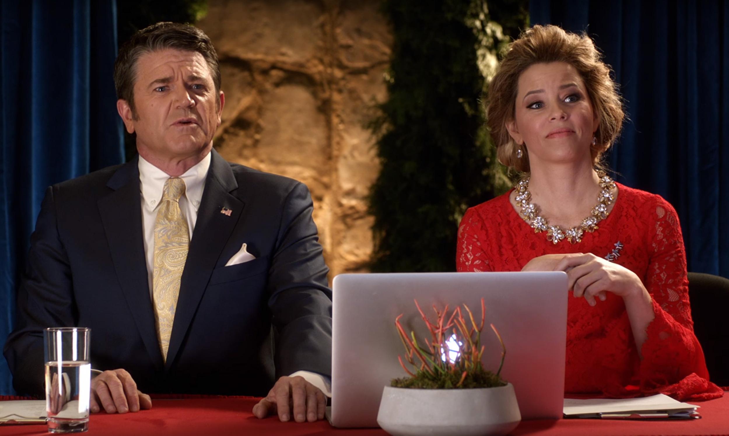 Elizabeth Banks with John Michael Higgins in ‘Pitch Perfect 3’. Banks’s film company Brownstone Productions is behind the Pitch Perfect franchise