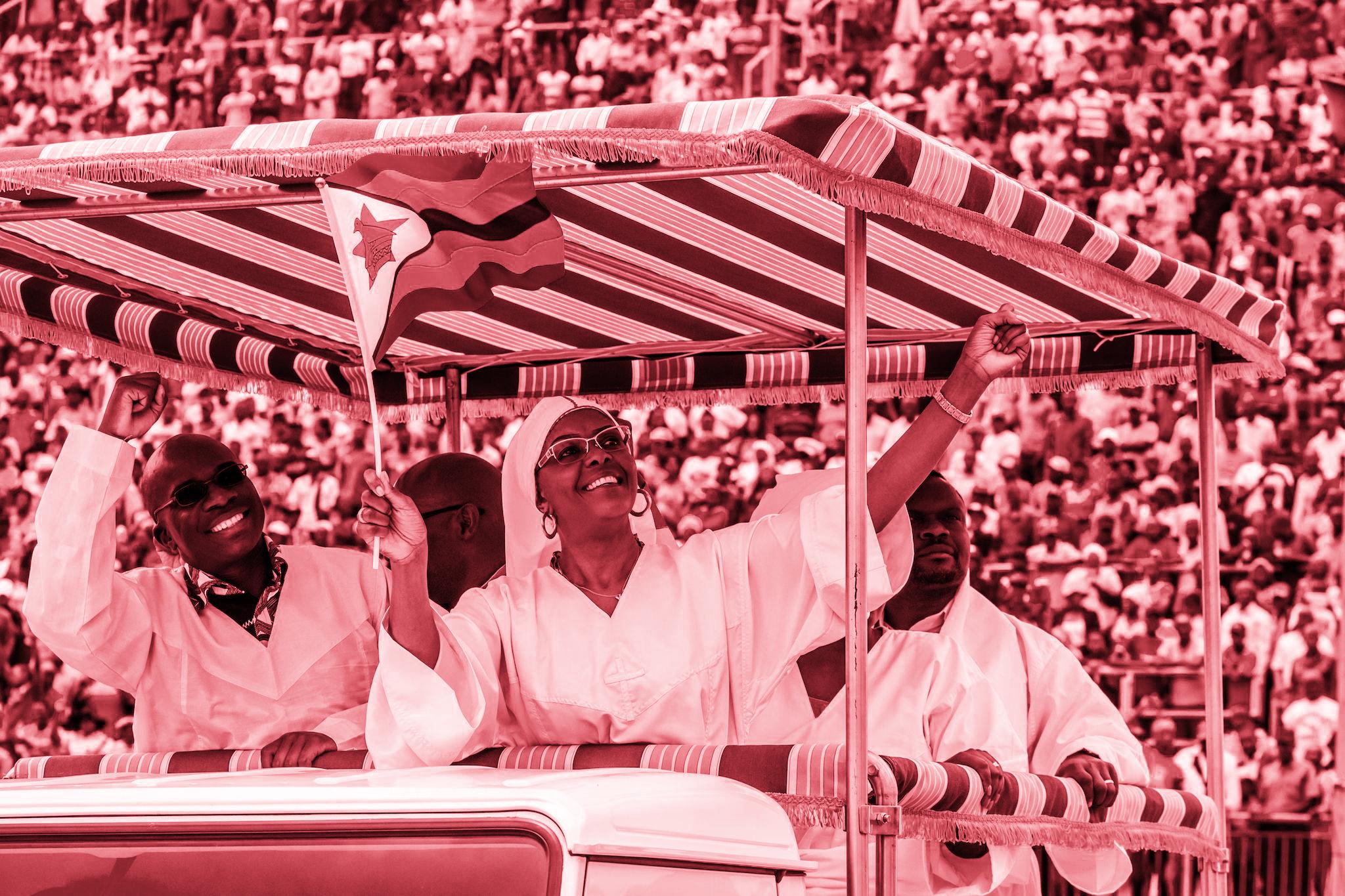 Zimbabwe first Lady Grace Mugabe waves as she arrives to address Zimbabwean worshippers and congregants from various indigenous church denominations at a religious gathering rally organised by Zimbabwean ruling party Zimbabwe African National Union- Patriotic Front