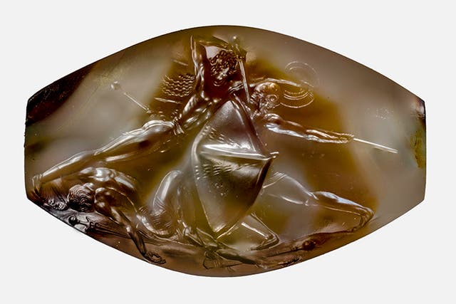 The Pylos Combat Agate, a gemstone engraved with a design that could be stamped on clay or wax