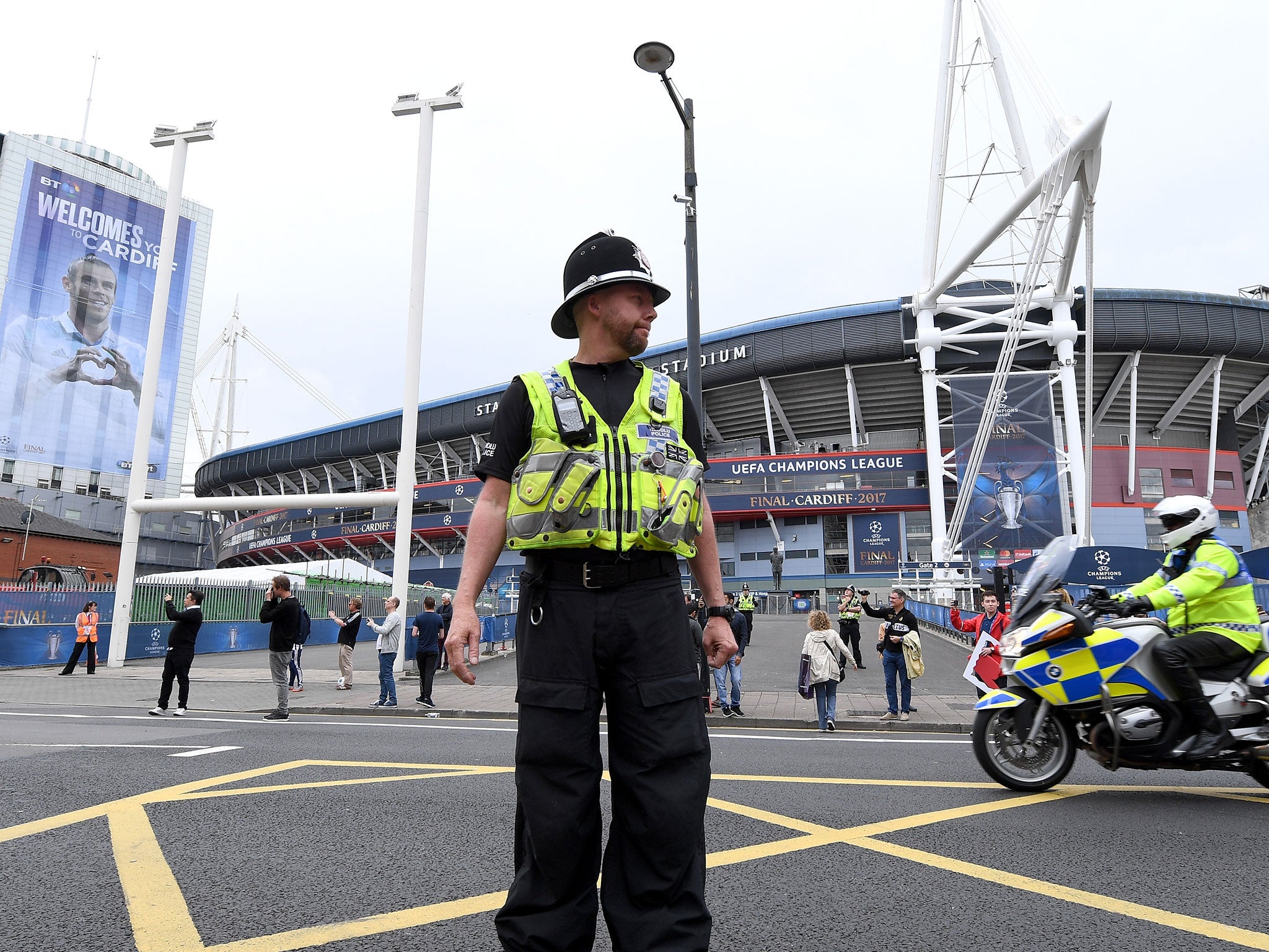 Police are seen near the stadium prior to the UEFA Champions League Final between Juventus and Real Madrid at the National Stadium of Wales on June 2, 2017 in Cardiff, Wales