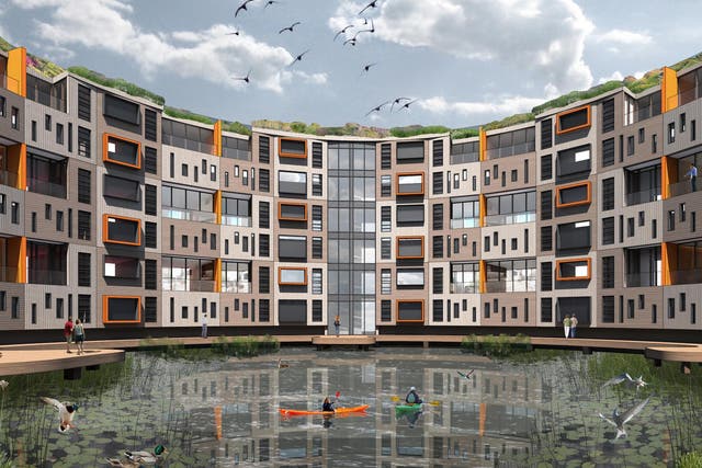 Mock-up of a housing development in a gasholder base by Max Architects, replete with ducks