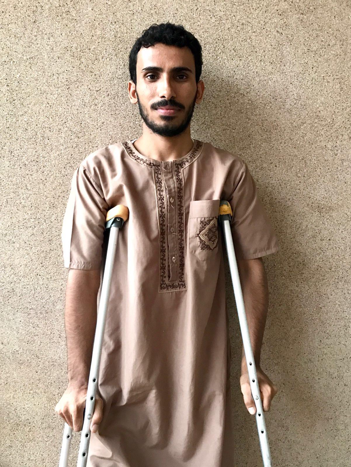 22-year-old Murad Saeed al Adhal’s leg is so severely injured doctors say he needs to have it amputated (Sarah Knuckey)