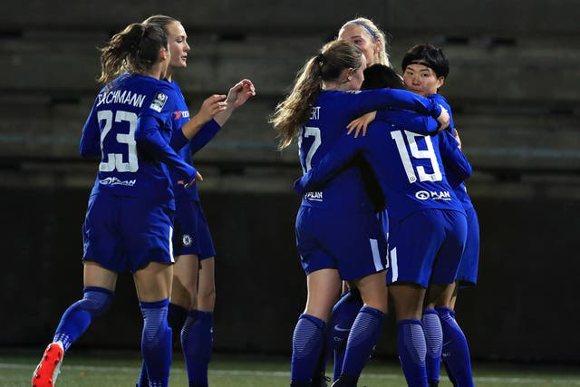 Ji So-Yun, right, celebrates with her Chelsea team-mates