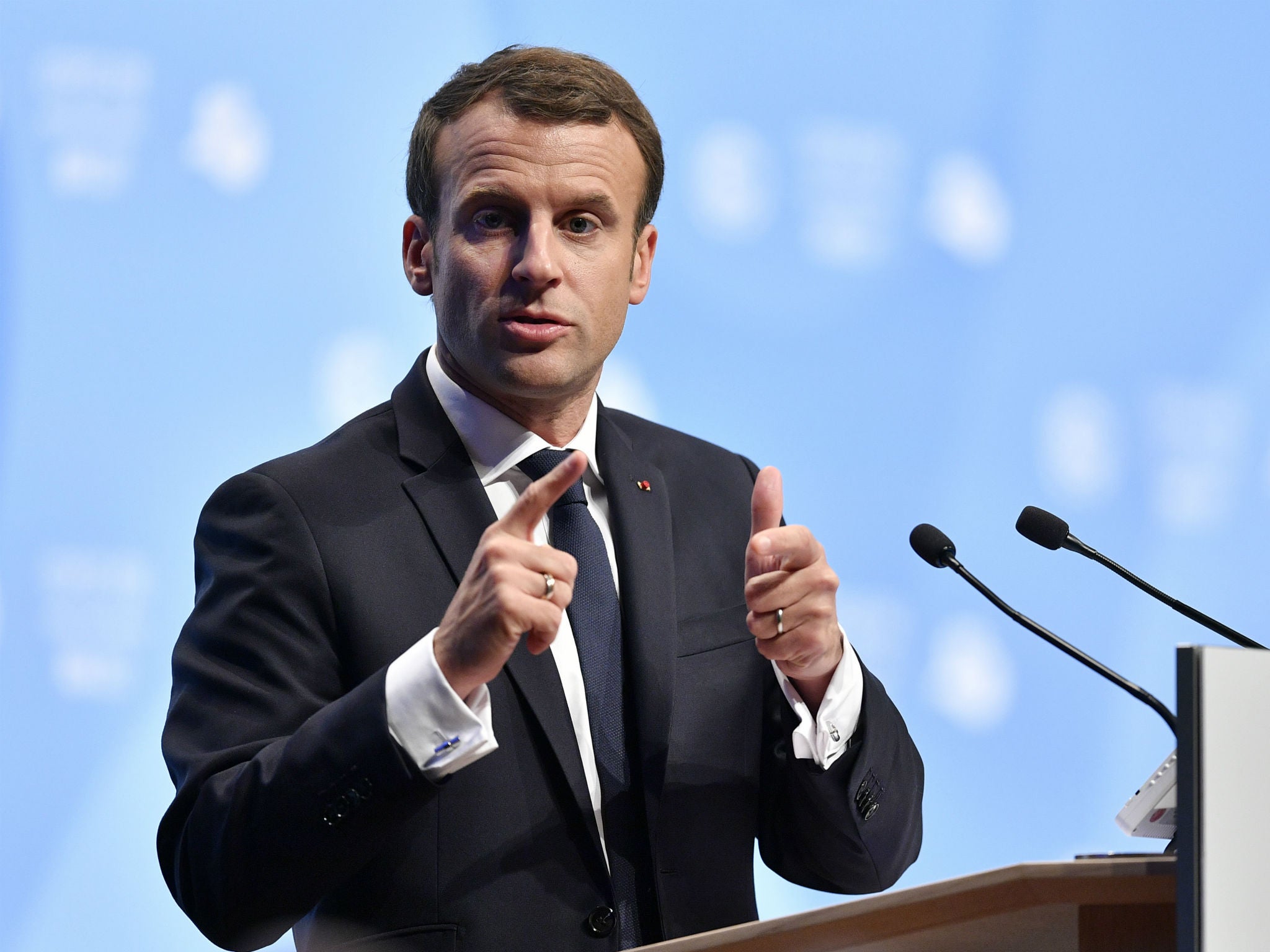 French President Emmanuel Macron delivers a speech during the 23rd Conference of the Parties (COP) climate talks in Bonn, Germany