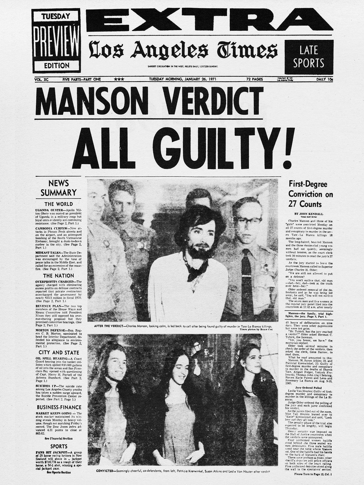 Front page of the Los Angeles Times on 26 January 1971 (Granger/Rex)