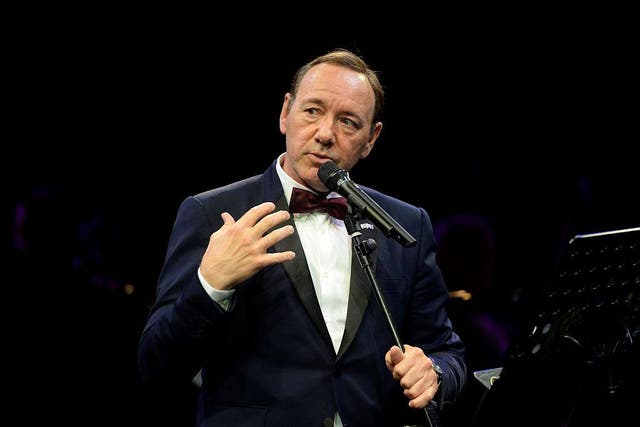 Kevin Spacey gives a speech at The Old Vic Theatre for a gala celebration in his honour as his artistic directors tenure comes to an end on April 19, 2015