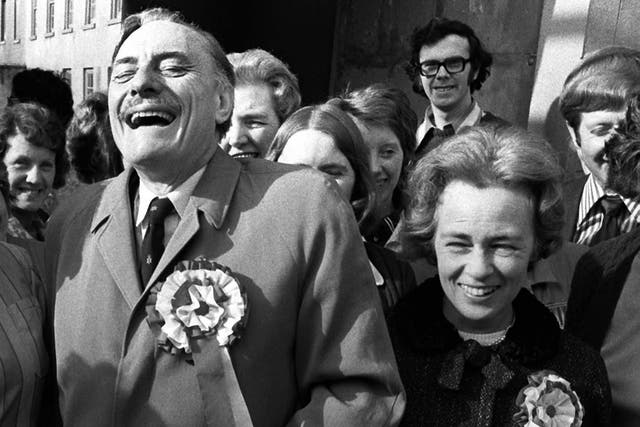 Pamela Powell with her husband in 1974 during his election campaign as the United Ulster Unionist candidate for South Down