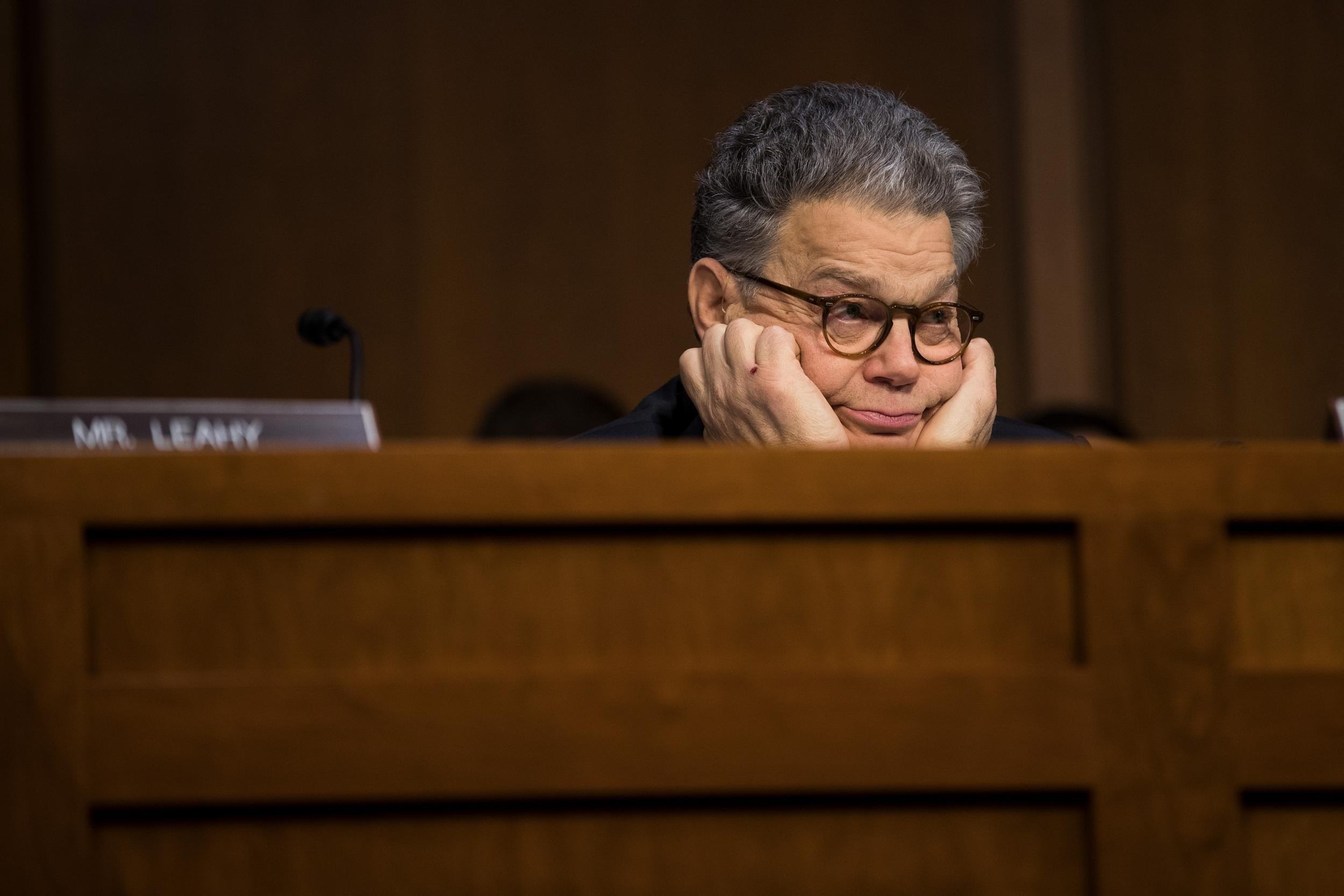 Senator Al Franken listens during a Senate Judiciary Subcommittee on Crime and Terrorism hearing