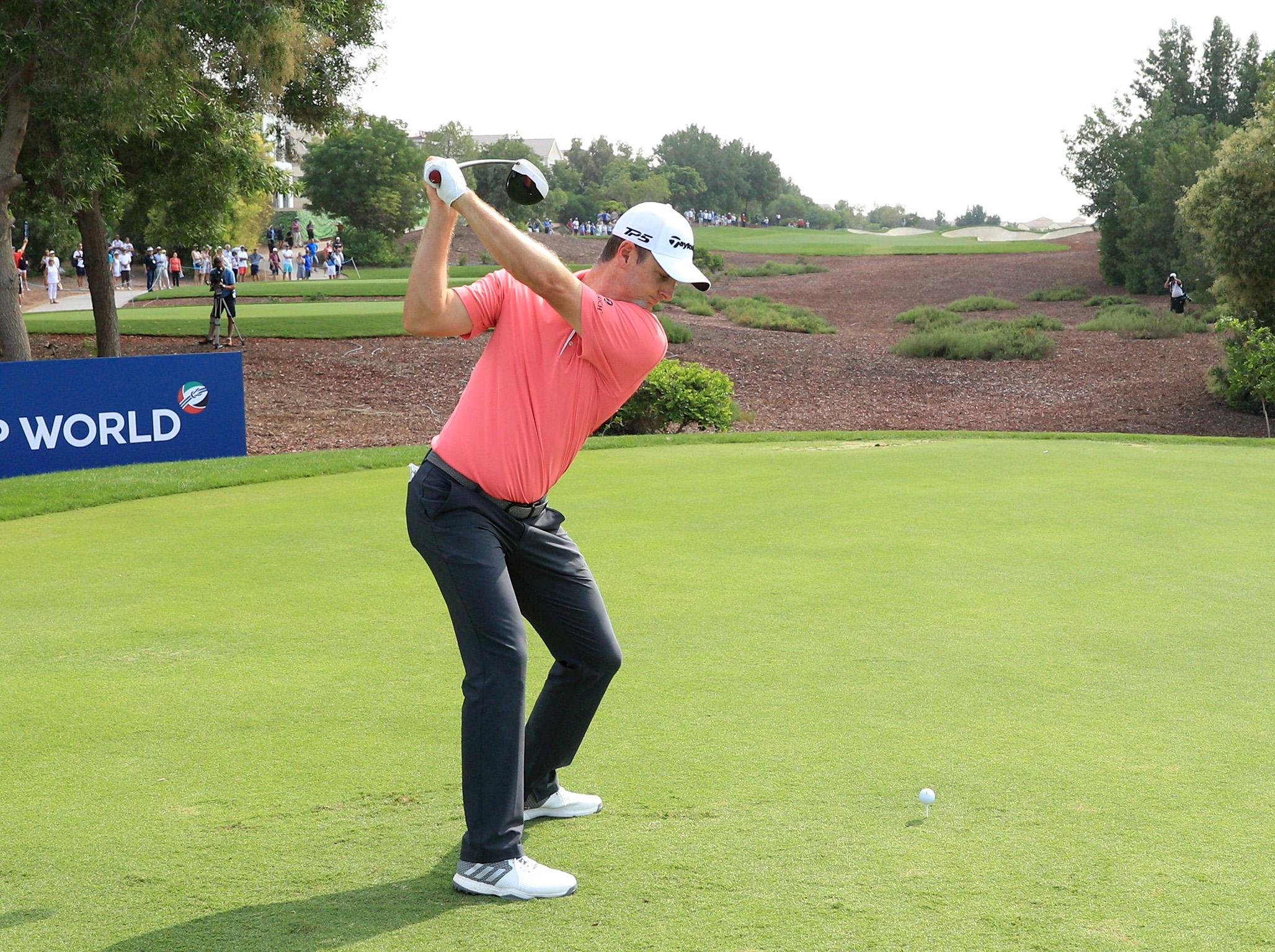 Justin Rose tees off on the 2nd at Jumeirah Golf Estates