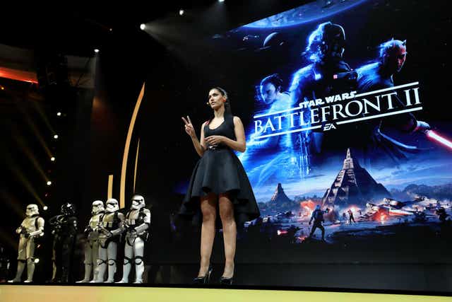 Actress Janina Gavankar introduces 'Star Wars Battlefront 2' as she speaks during the Electronic Arts EA Play event at the Hollywood Palladium on June 10, 2017 in Los Angeles, California