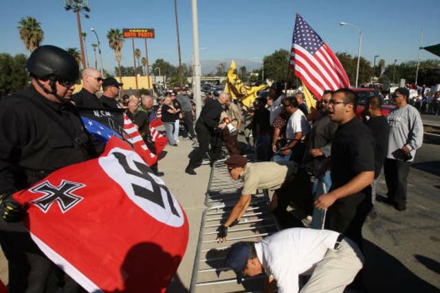 White supremacists retain a presence in California, as seen in this National Socialist Movement anti-illegal immigration rally on October 24, 2009 in Riverside, California.