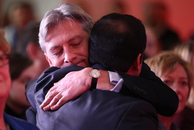 Richard Leonard is congratulated by Anas Sarwar at the Glasgow Science Centre after he was announced as the new leader of Scottish Labour