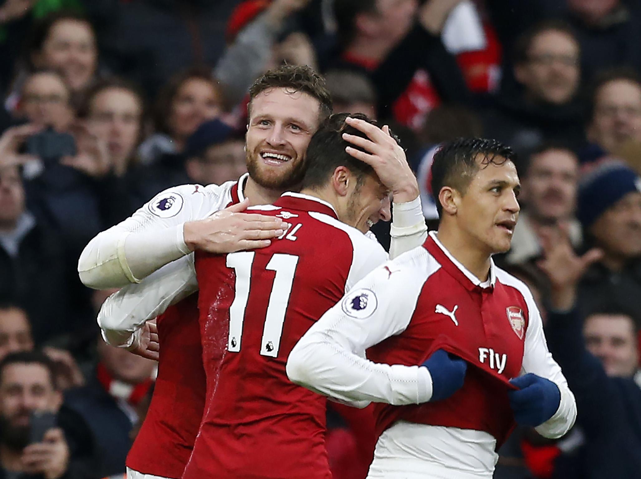 &#13;
Mustafi scored from a contentious free-kick &#13;