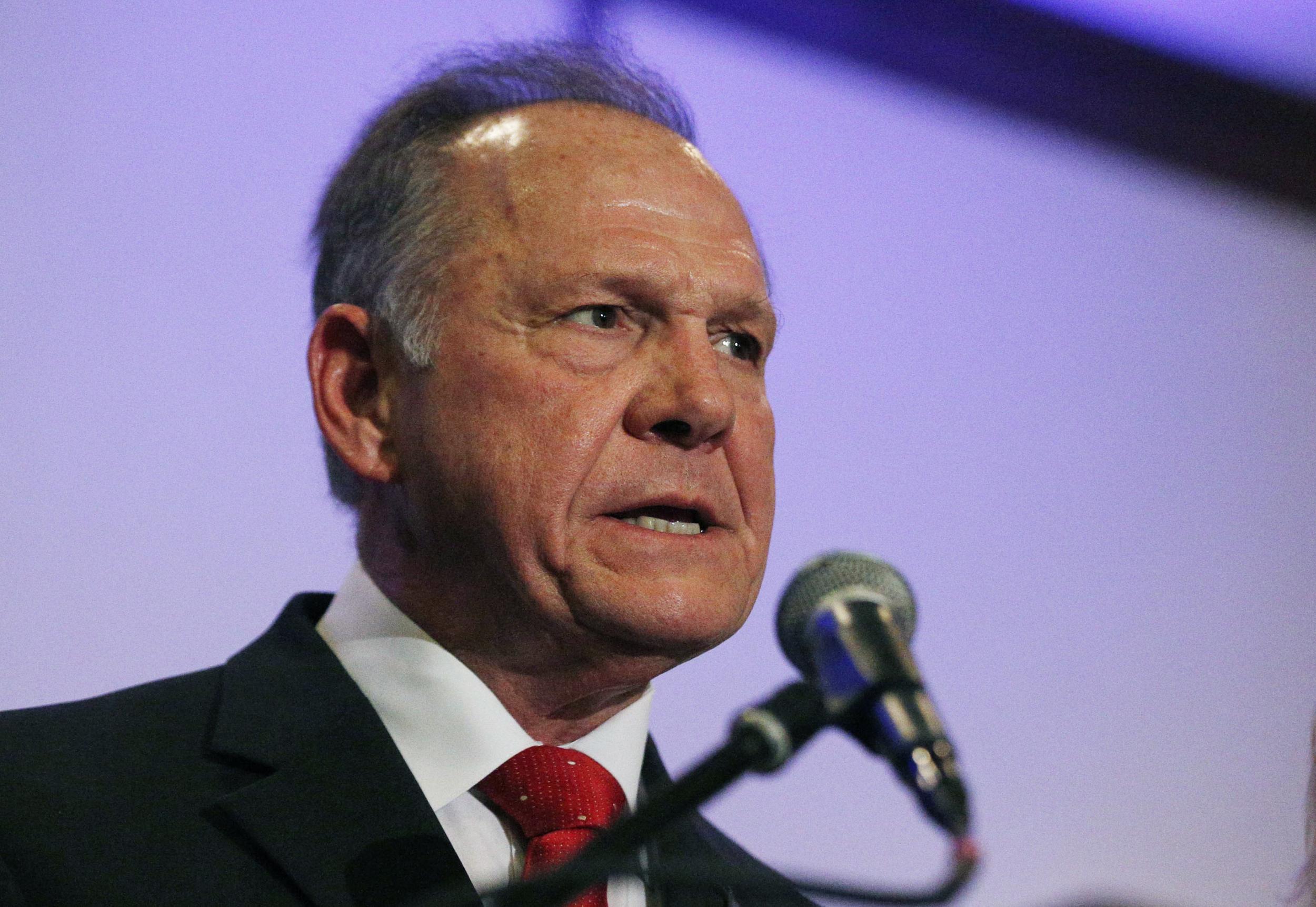 Former Alabama Chief Justice and US Senate candidate Roy Moore speaks at a news conference