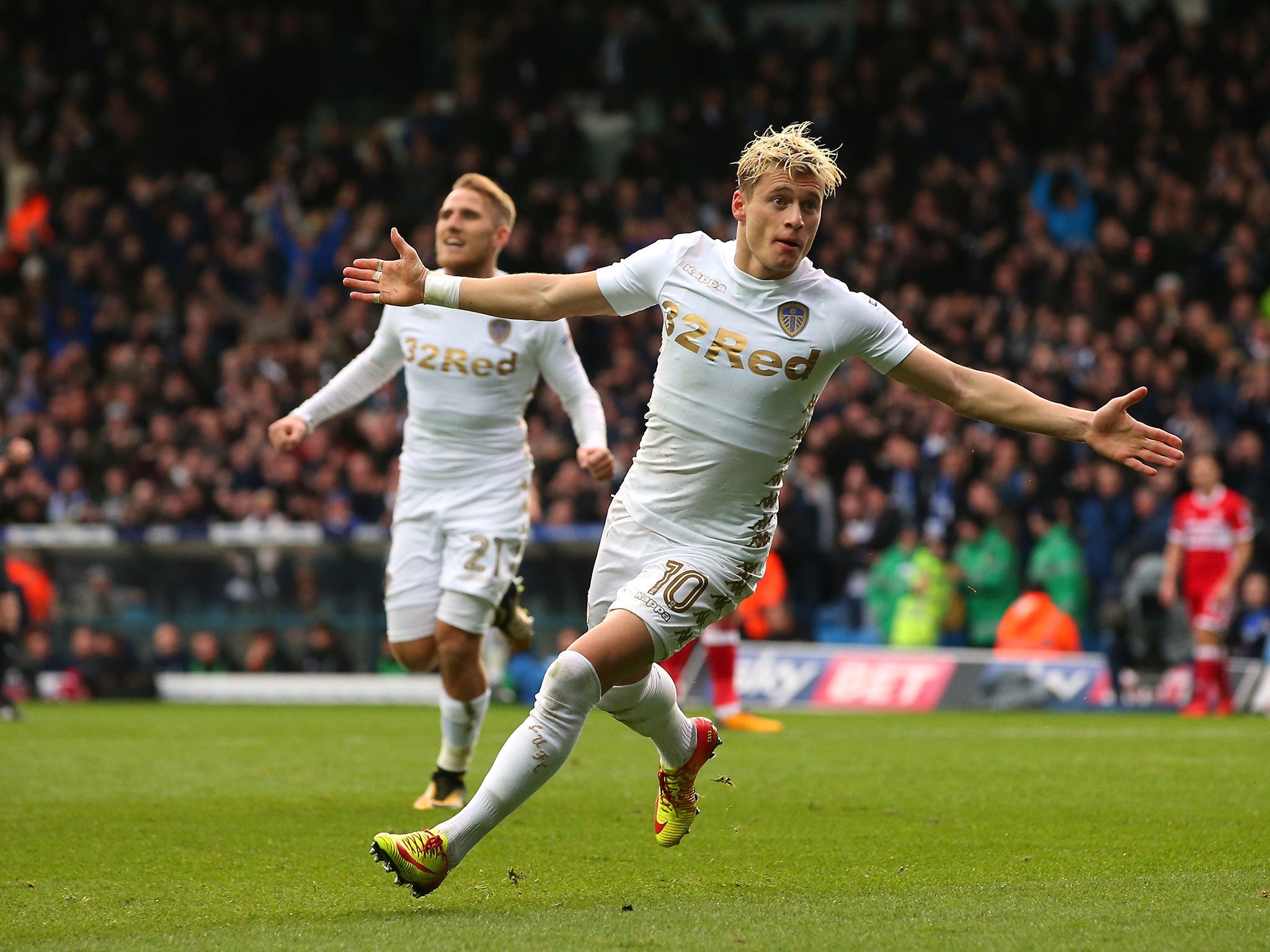 Ezgjan Alioski celebrates scoring Leeds' second goal of the game