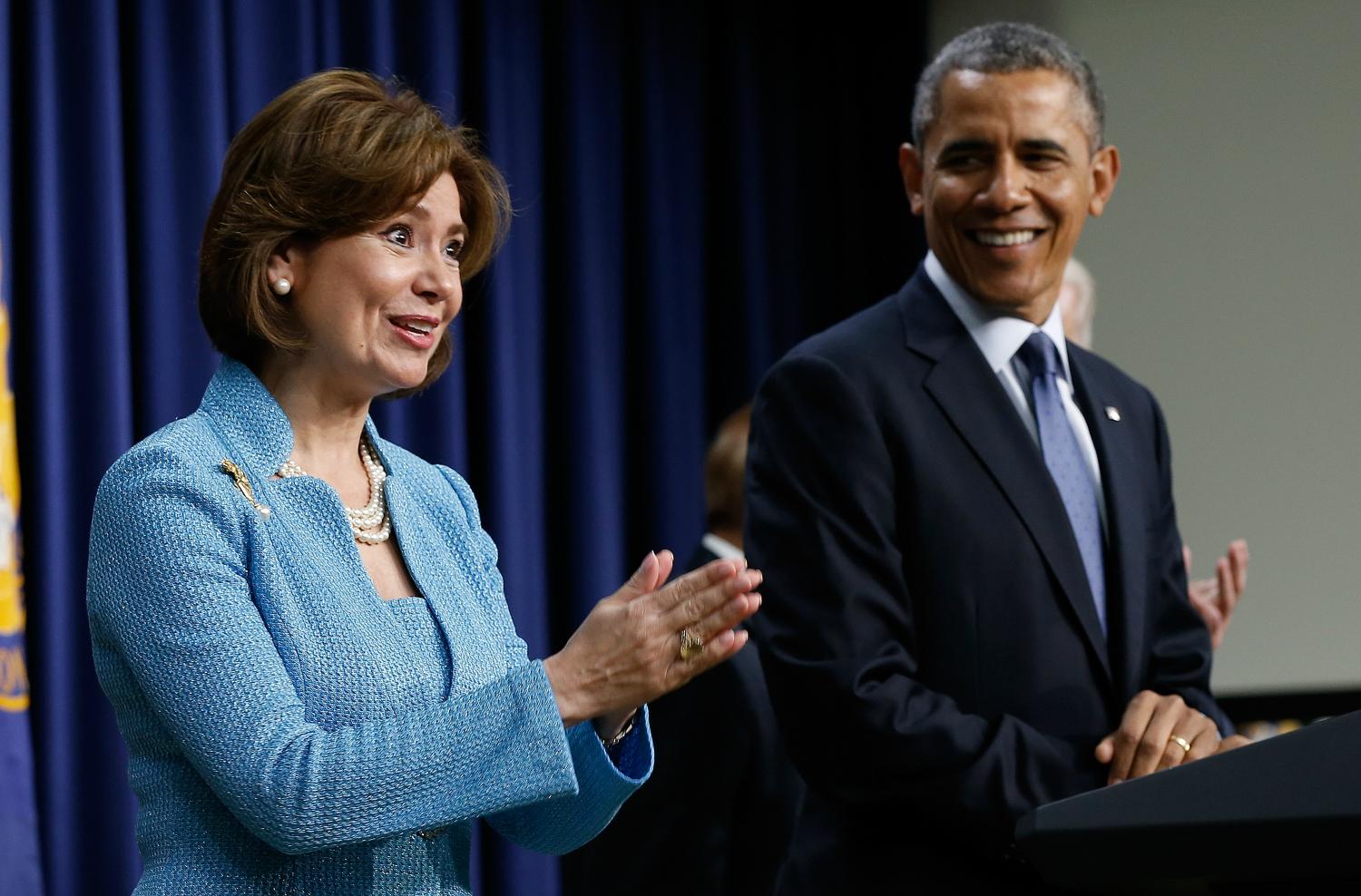 Contreras-Sweet thanks members of the audience as Obama speaks during her Administrator of the Small Business Administration swearing-in ceremony in Washington, DC in 2014. (Getty)