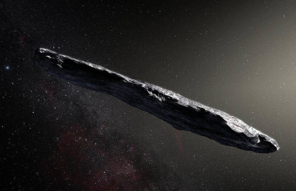 Artist's concept of interstellar asteroid 1I/2017 U1 ('Oumuamua) as it passed through the solar system after its discovery in October 2017. The aspect ratio of up to 10:1 is unlike that of any object seen in our own solar system