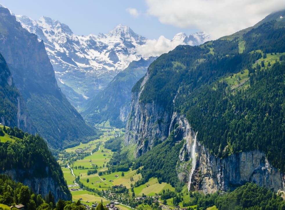 The Lauterbrunnen Valley as seen from the town of Wengen, Switzerland.