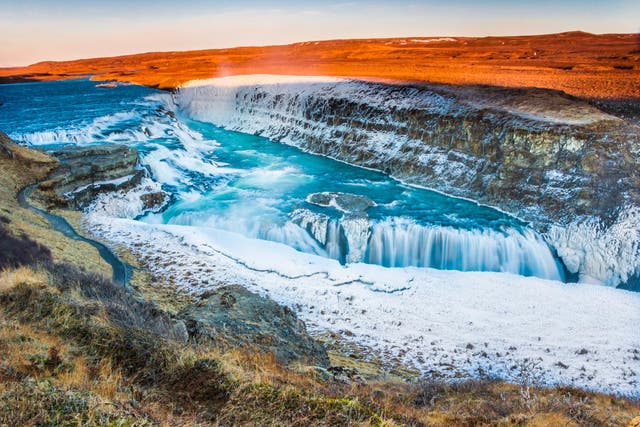 <p>Amazing Icelandic winter landscape of majestic waterfall of frozen Gullfoss</p>