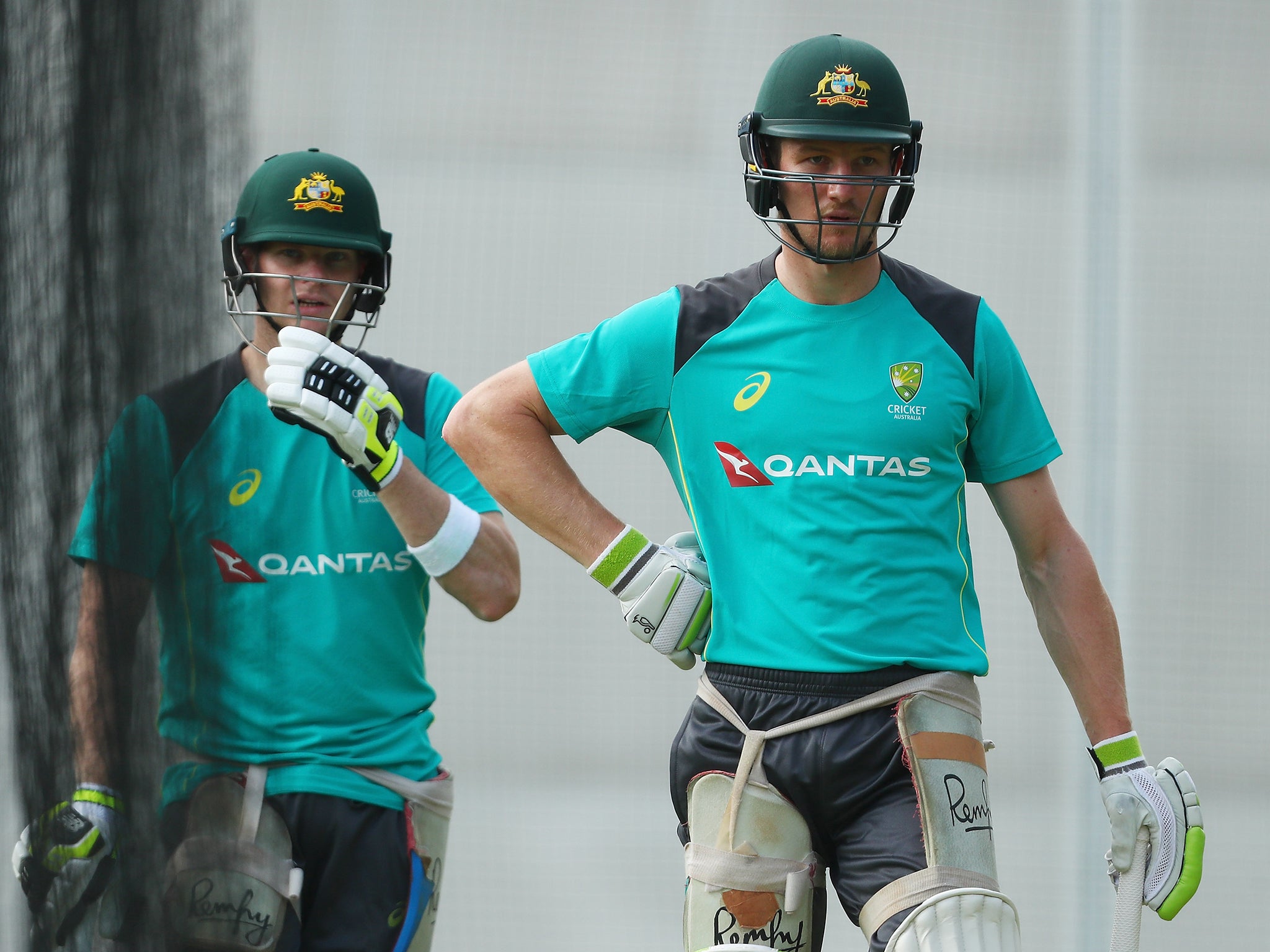 Steve Smith (left) and Cameron Bancroft during a nets practice session