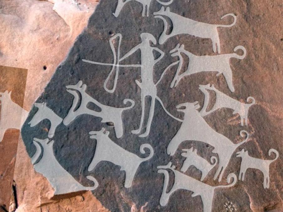 Holocene-era etchings depict humans with hunting dogs - including some on leads