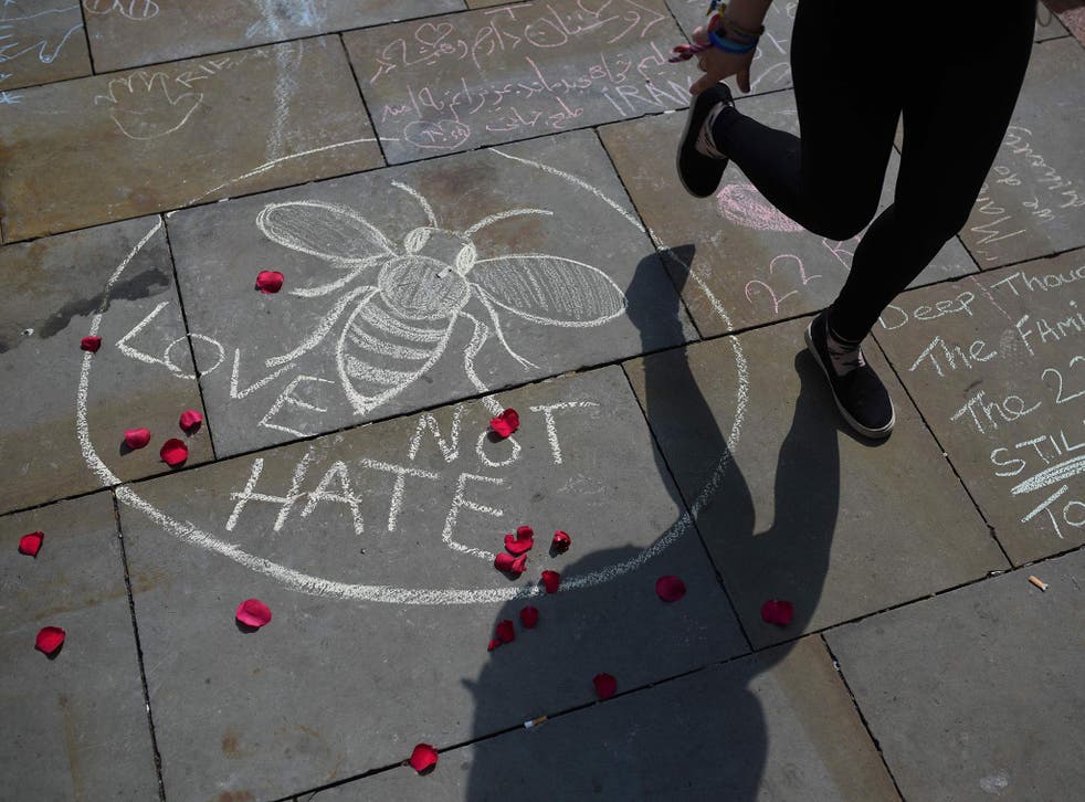 A tribute reading 'Love not Hate' was placed in tribute to the 23 people killed in the Manchester Arena bombing
