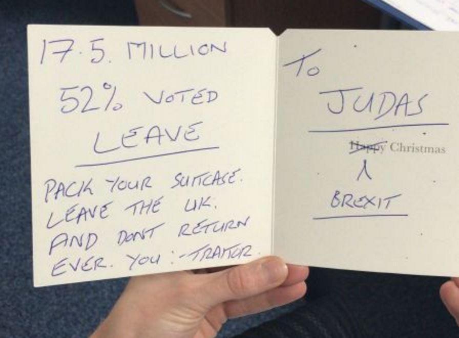 'Pack your suitcase. Leave the UK' The card MSP Paul Masterson received