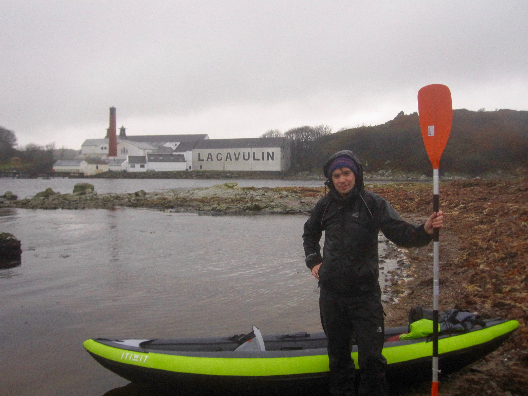 The author about to take to the sea in the calm water outside Lagavulin distillery