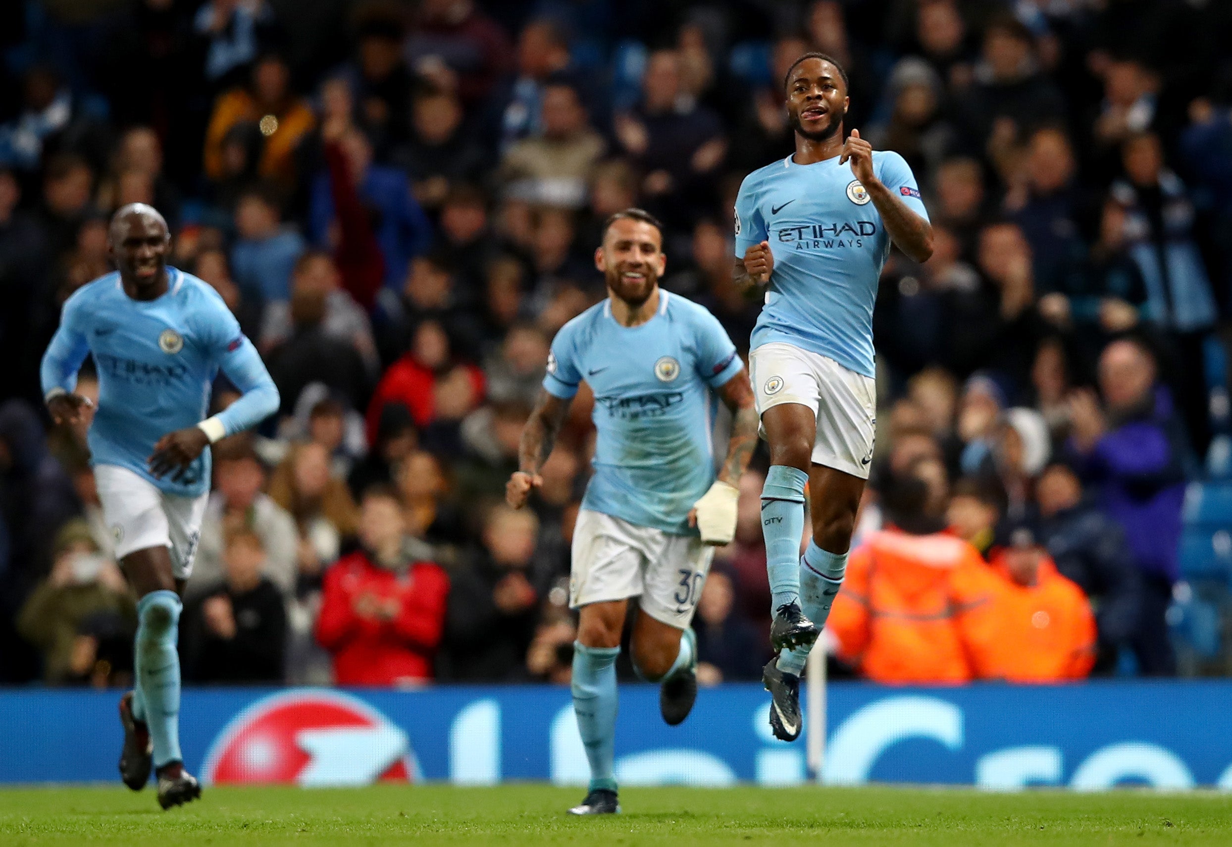 Raheem Sterling celebrates scoring the decisive goal in a tight game