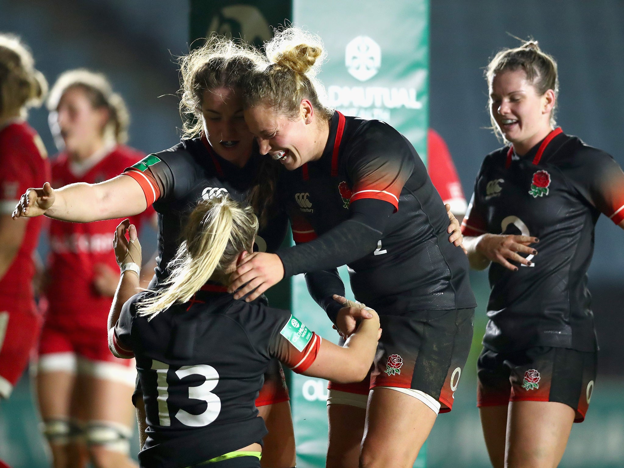 England celebrate after Rachael Burford scores her second try