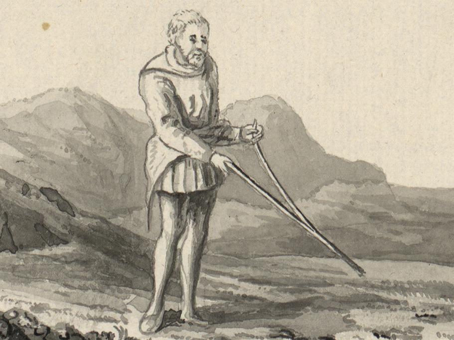 A depiction of a divining rod in use in Britain during the late 18th century, from a volume by Thomas Pennant