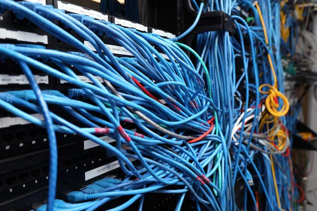 Network cables are plugged in a server room on November 10, 2014 in New York City