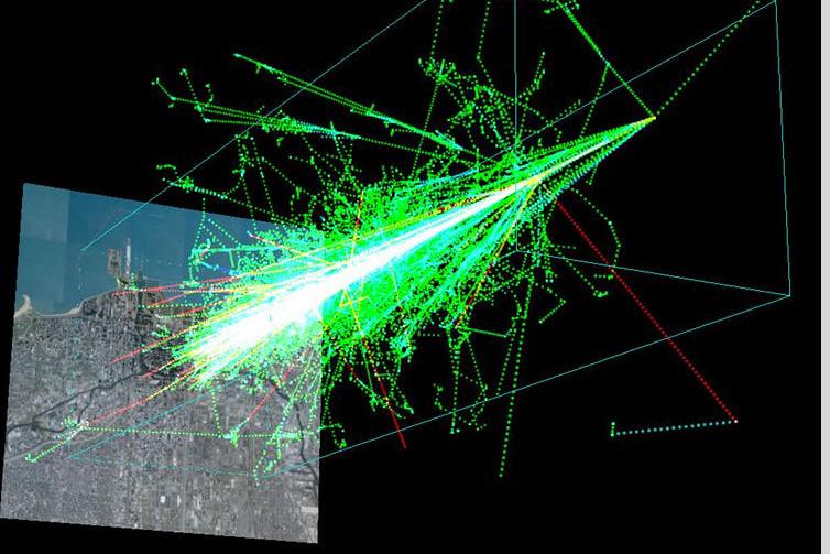 A simulation of a cosmic ray shower formed when a proton hits the atmosphere about 20 kilometres above the ground (Wikipedia)