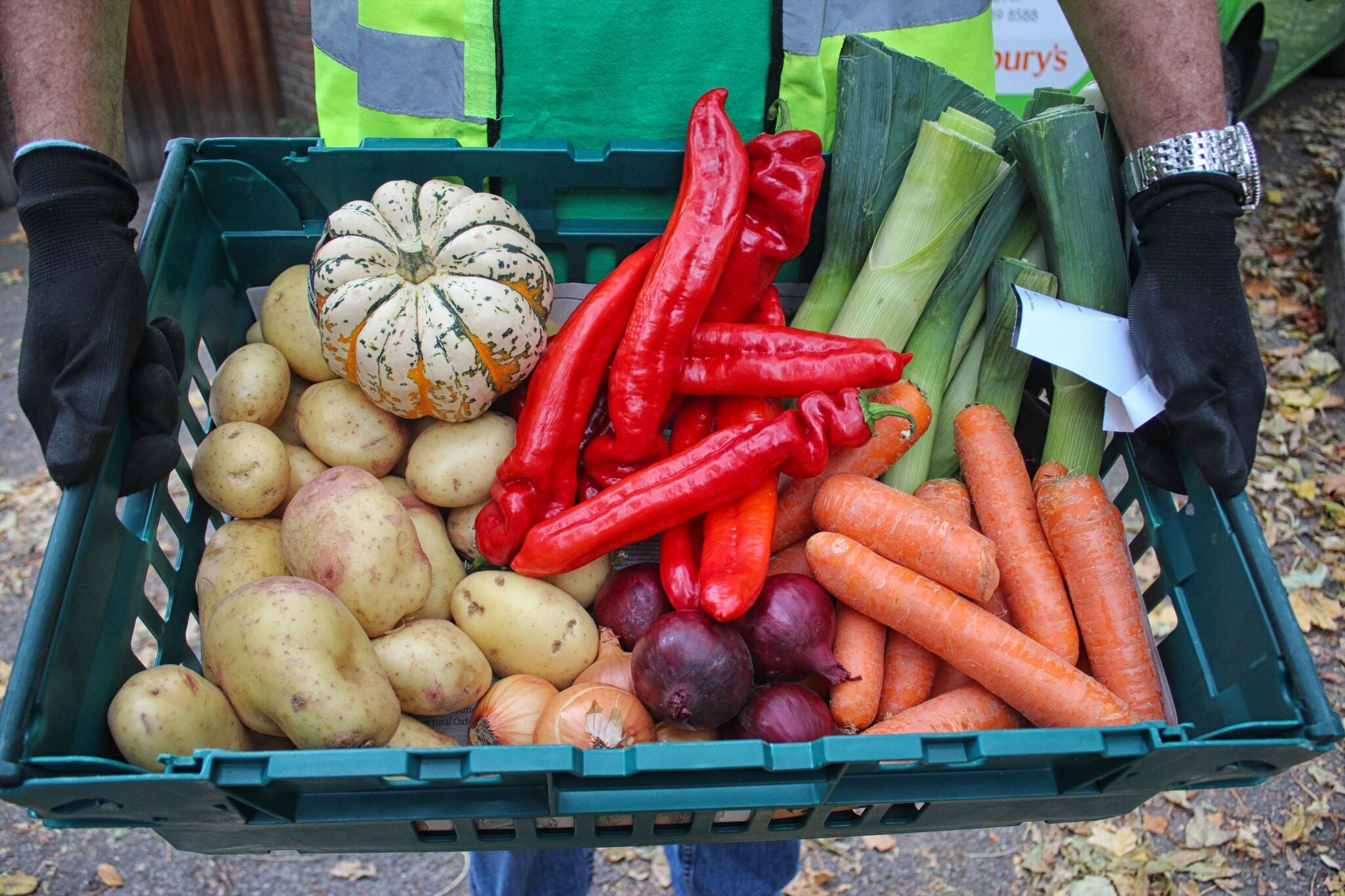 A volunteer holds a crate of vegetables destined for the bin