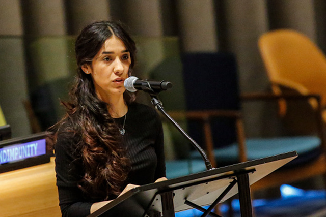 Yazidi human rights activist Nadia Murad speaks as she attends at the United Nations