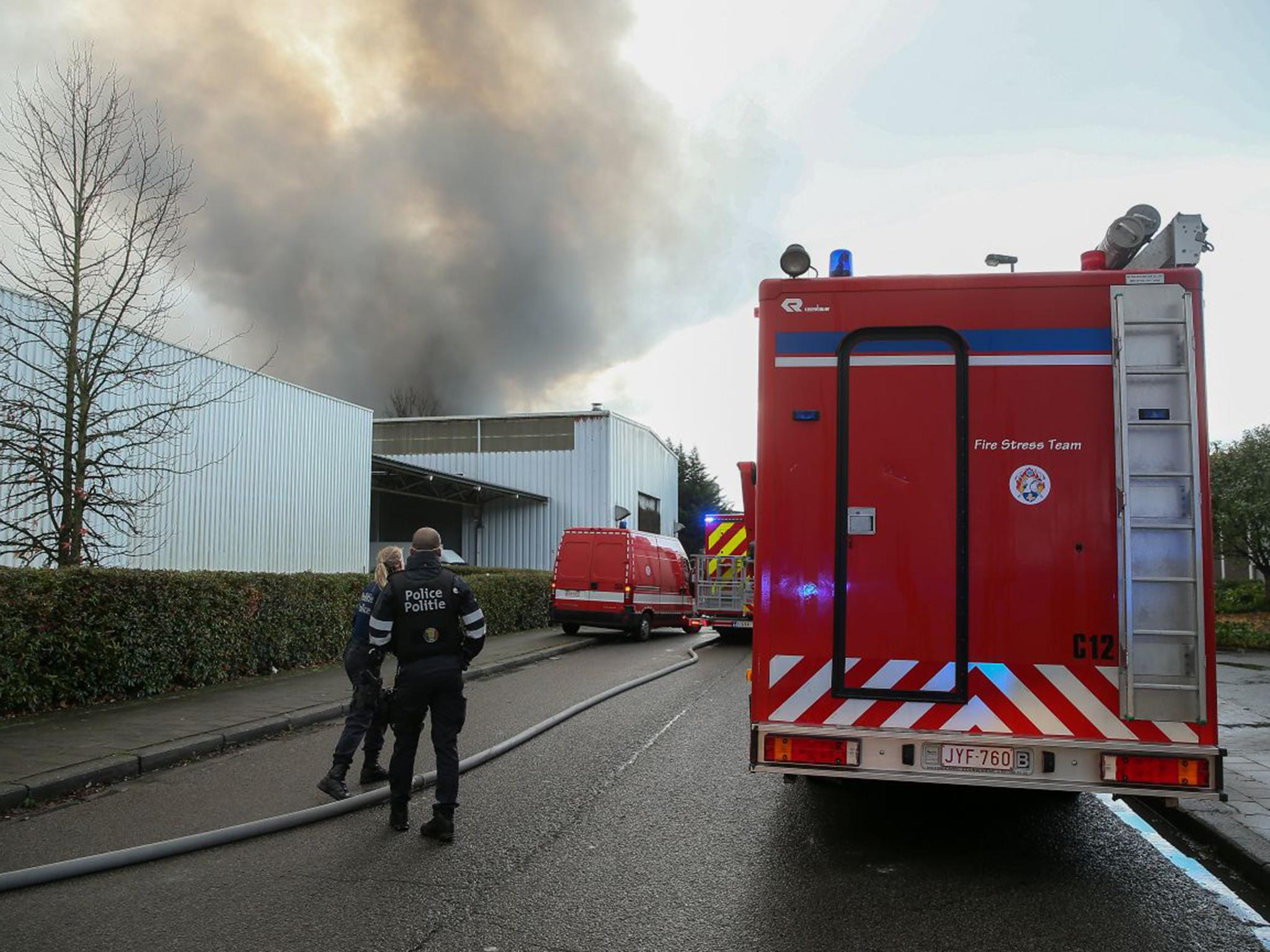 Emergency services at the scene of the fire at the Milcamps waffle factory in Brussels