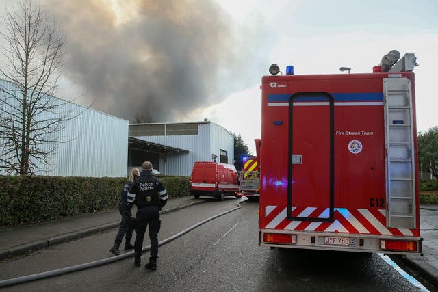 Emergency services at the scene of the fire at the Milcamps waffle factory in Brussels