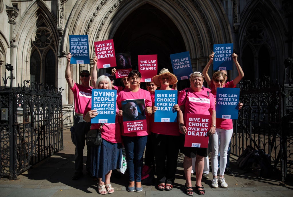 Campaign group Dignity in Dying outside the Royal Courts of Justice
